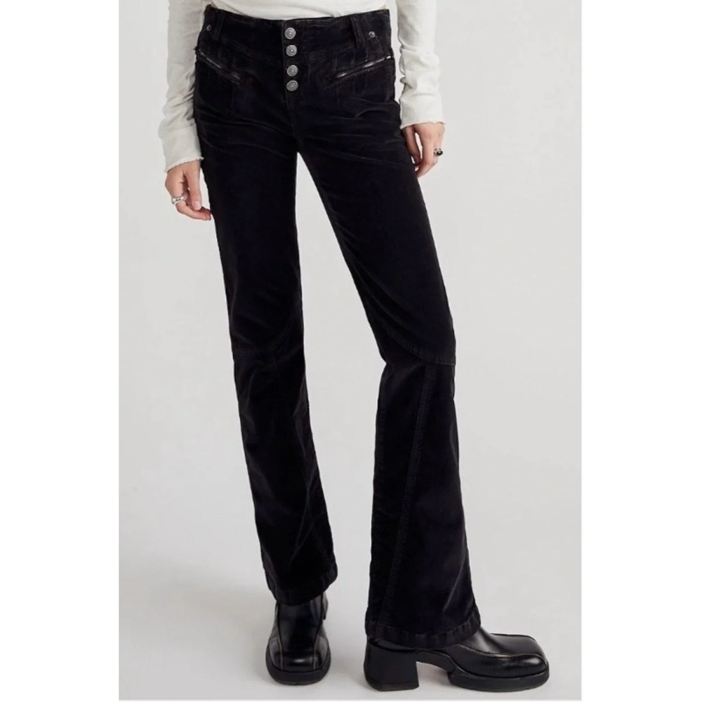 Free People Hit Back Slim Flare Corduroy Pants Black Button Fly Size 6 NWT